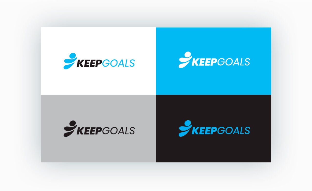 Déclinaisons du logo Keepgoals sur fond blanc, bleu et noir – création logo Rennes