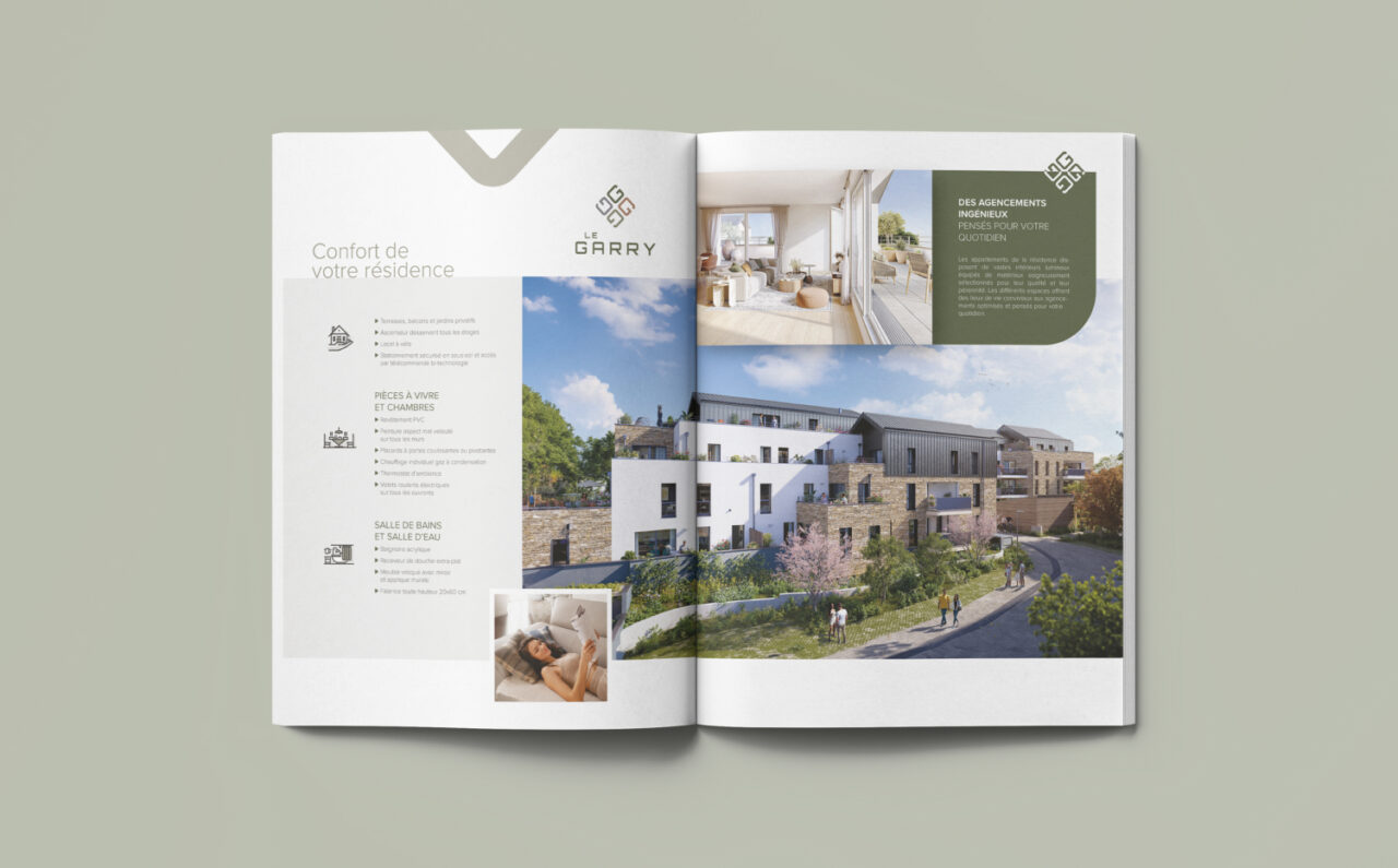 Double page brochure immobilière Le Garry – mise en page éditoriale graphiste Rennes