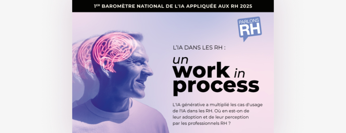 Page d’ouverture du baromètre IA appliquée aux RH, avec un visuel d’homme de profil et un cerveau numérique illustrant le thème de l’intelligence artificielle.