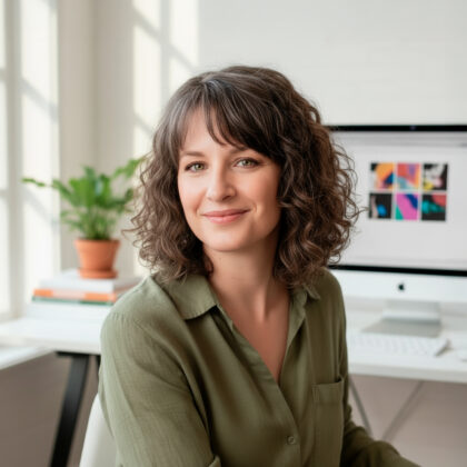 Doriane Bonomo, graphiste designer professionnelle aux cheveux bouclés bruns, souriant dans son studio créatif moderne avec des œuvres graphiques colorées au mur