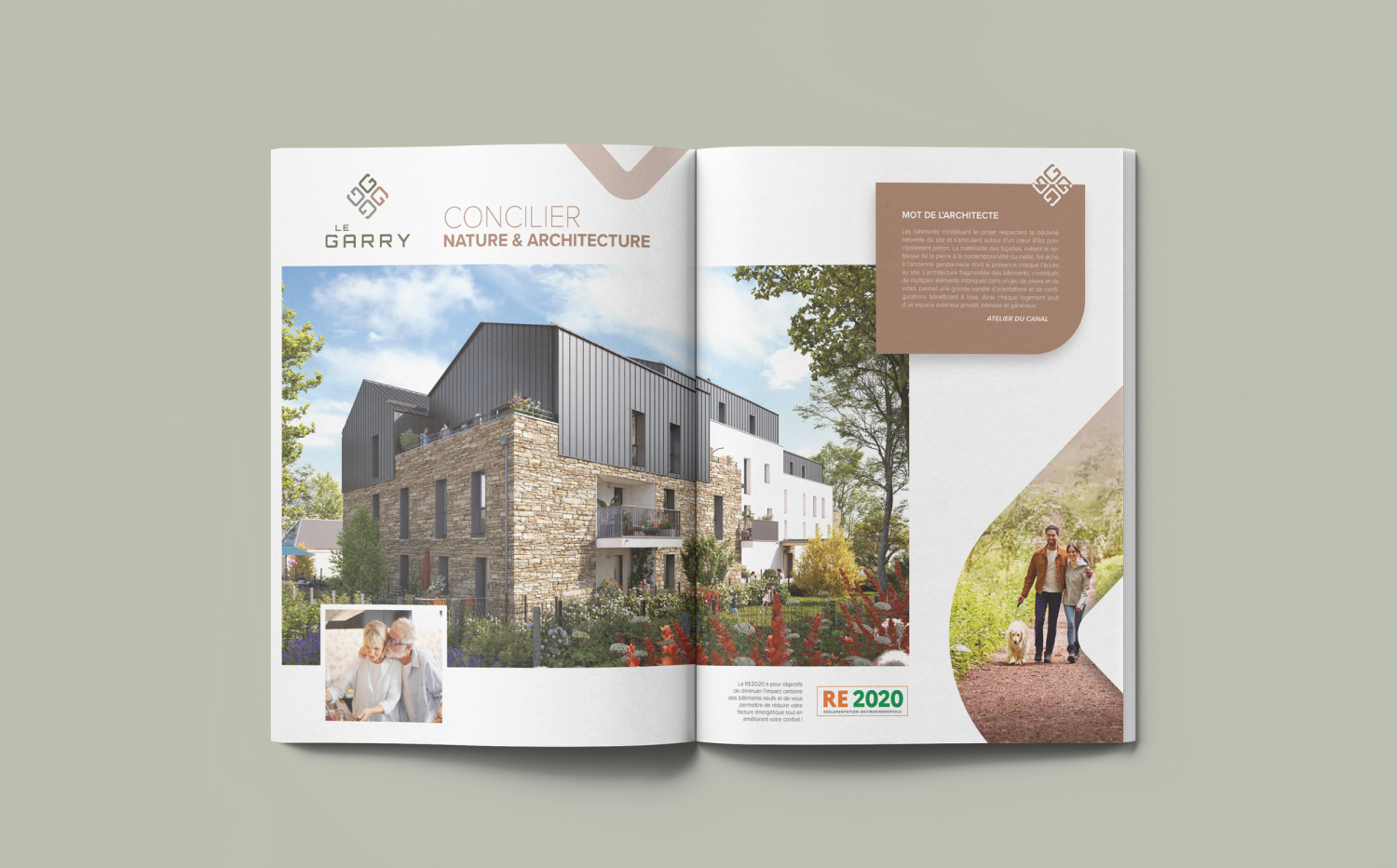 Double page de brochure immobilière – mise en page éditoriale par une graphiste freelance à Rennes