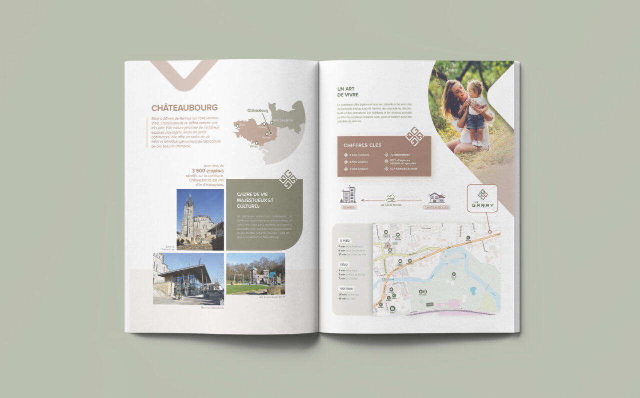 Double page de la brochure immobilière Le Garry, mise en page pour promoteur immobilier, présentation de l’environnement, des points d’intérêt et du plan de localisation du programme.