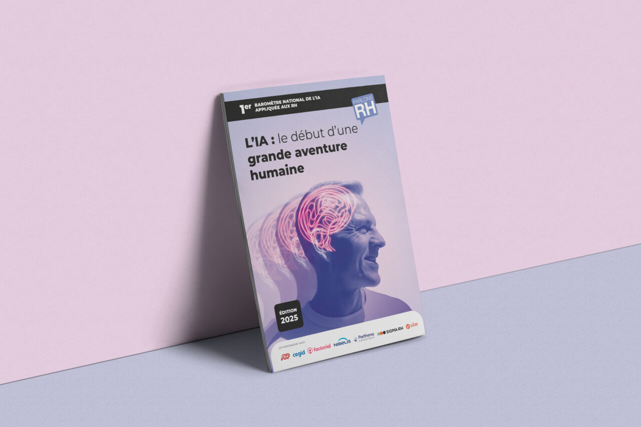 Couverture du 1er Baromètre national de l’IA appliquée aux RH – design éditorial réalisé pour Parlons RH