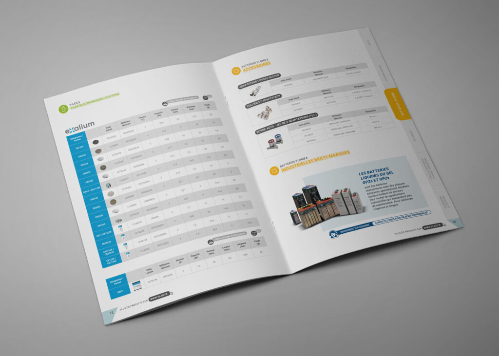 Catalogue produits industriel avec mise en page éditoriale professionnelle - tableaux techniques et infographies par graphiste spécialisé édition