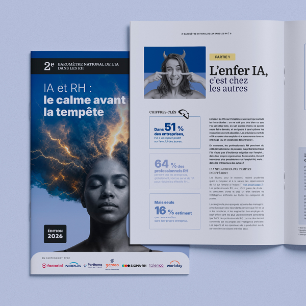 Mise en page baromètre IA et RH 2026 Parlons RH, couverture et doubles pages intérieures avec infographies et datavisualisations, design éditorial réalisé par Doriane Bonomo, graphiste freelance Rennes
