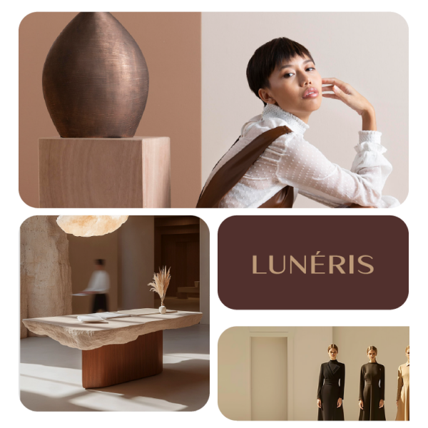 Univers de marque Lunéris — moodboard identité visuelle, logo et ambiance graphique créés par Doriane Bonomo, graphiste freelance spécialisée en création logo et identité visuelle Rennes