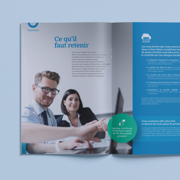 Mise en page livre blanc Ayming - design éditorial réalisé par Doriane Bonomo, graphiste freelance Rennes