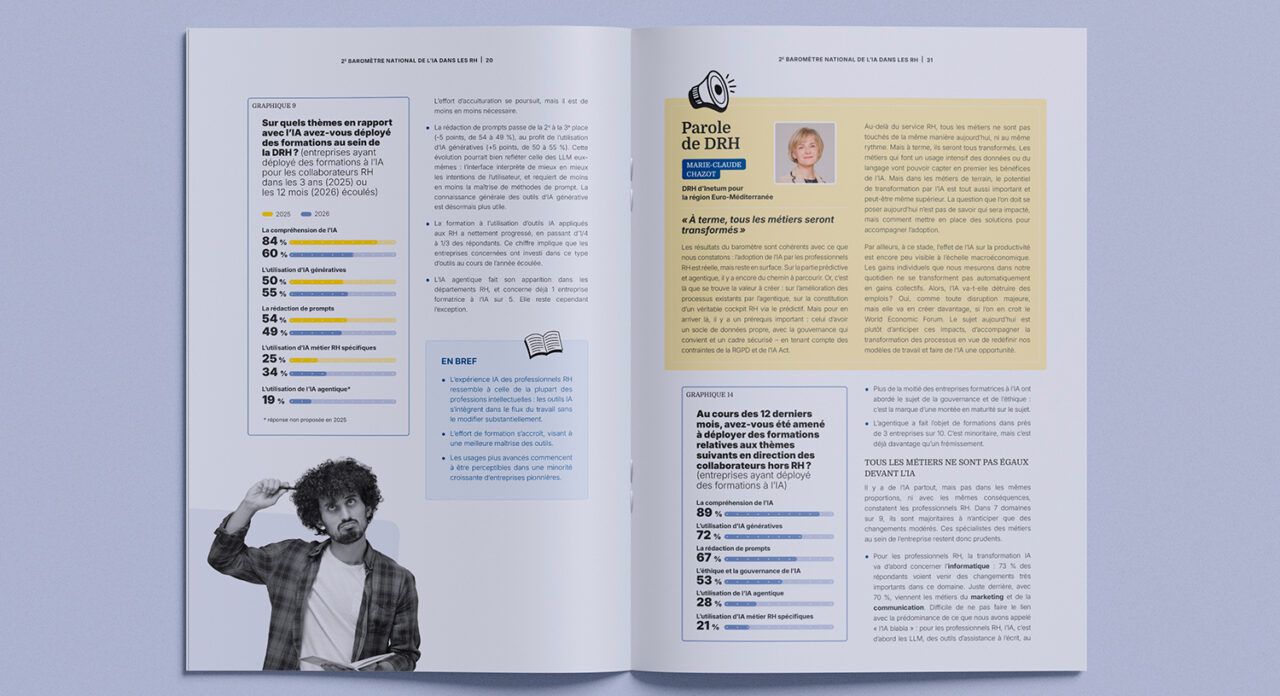 Mise en page double-page baromètre RH - design éditorial rapport annuel, Parlons RH 2026