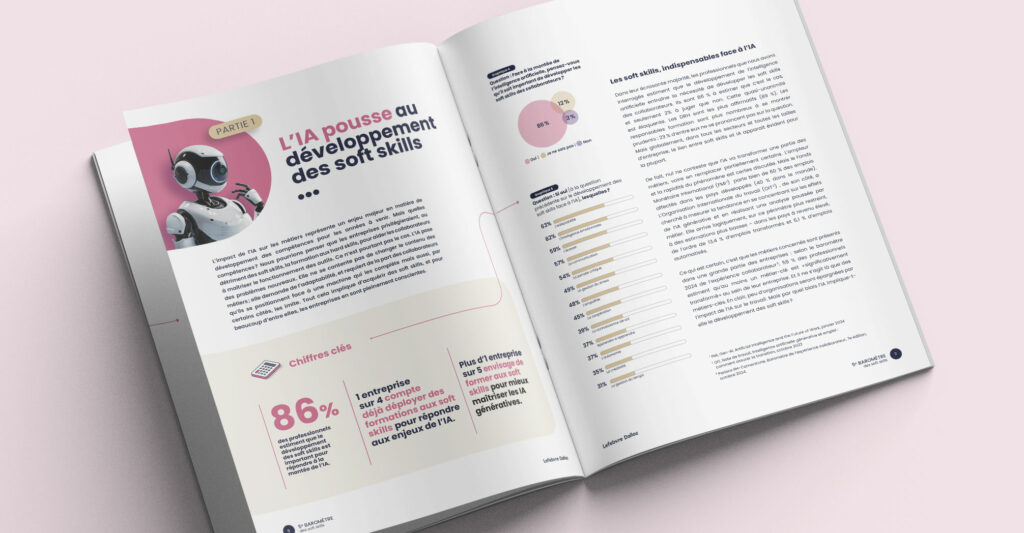 Mise en page et direction artistique d'un baromètre pour Lefebvre Dalloz — doubles pages intérieures avec infographies, datavisualisations et chiffres clés, réalisées par Doriane Bonomo, graphiste freelance spécialisée en design éditorial, Rennes