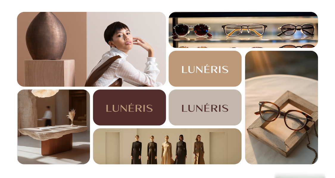 Planche d'ambiance identité visuelle Lunéris opticien – univers de marque premium Rennes