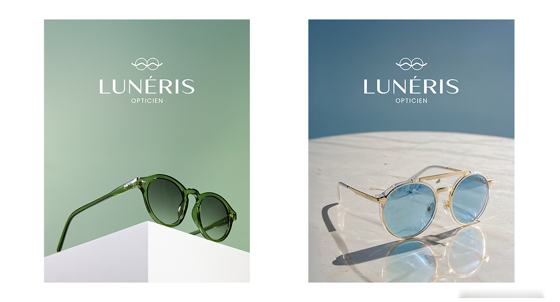 Visuels réseaux sociaux Lunéris opticien – application logo sur affiches produit lunettes