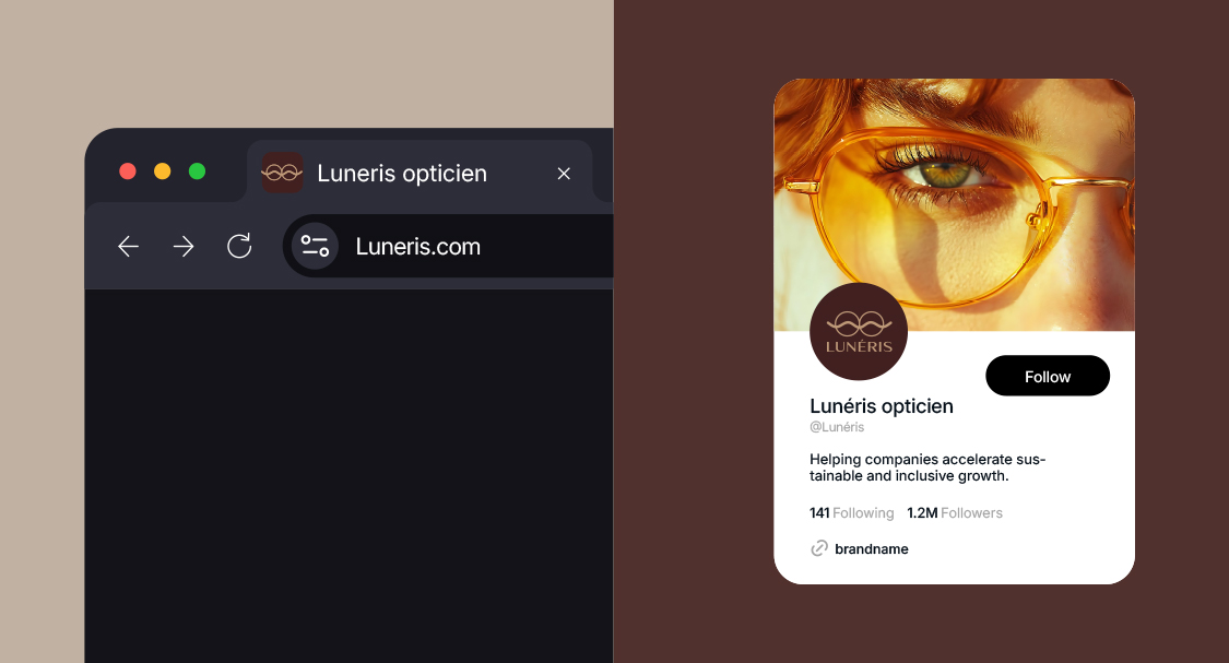 Identité visuelle opticien Rennes – mockup digital logo Lunéris sur navigateur et profil réseaux sociaux