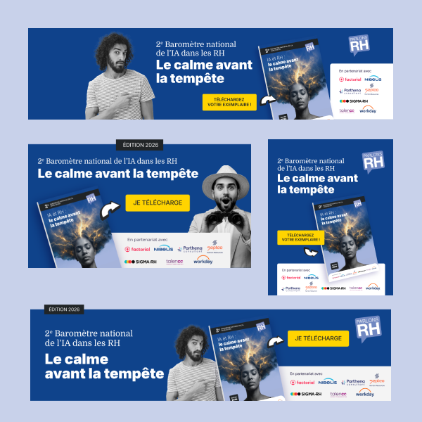 Déclinaison visuels social media ads pour le lancement du Baromètre national de l'IA dans les RH - Parlons RH Paris, réalisés par Doriane Bonomo graphiste freelance campagnes réseaux sociaux Rennes